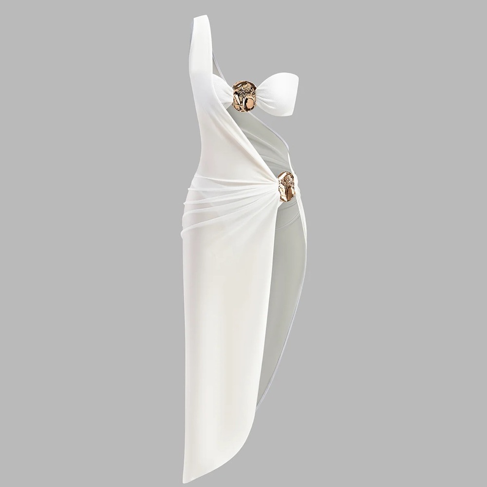 Commense White One-Shoulder Swim Coverup with Gold Accents